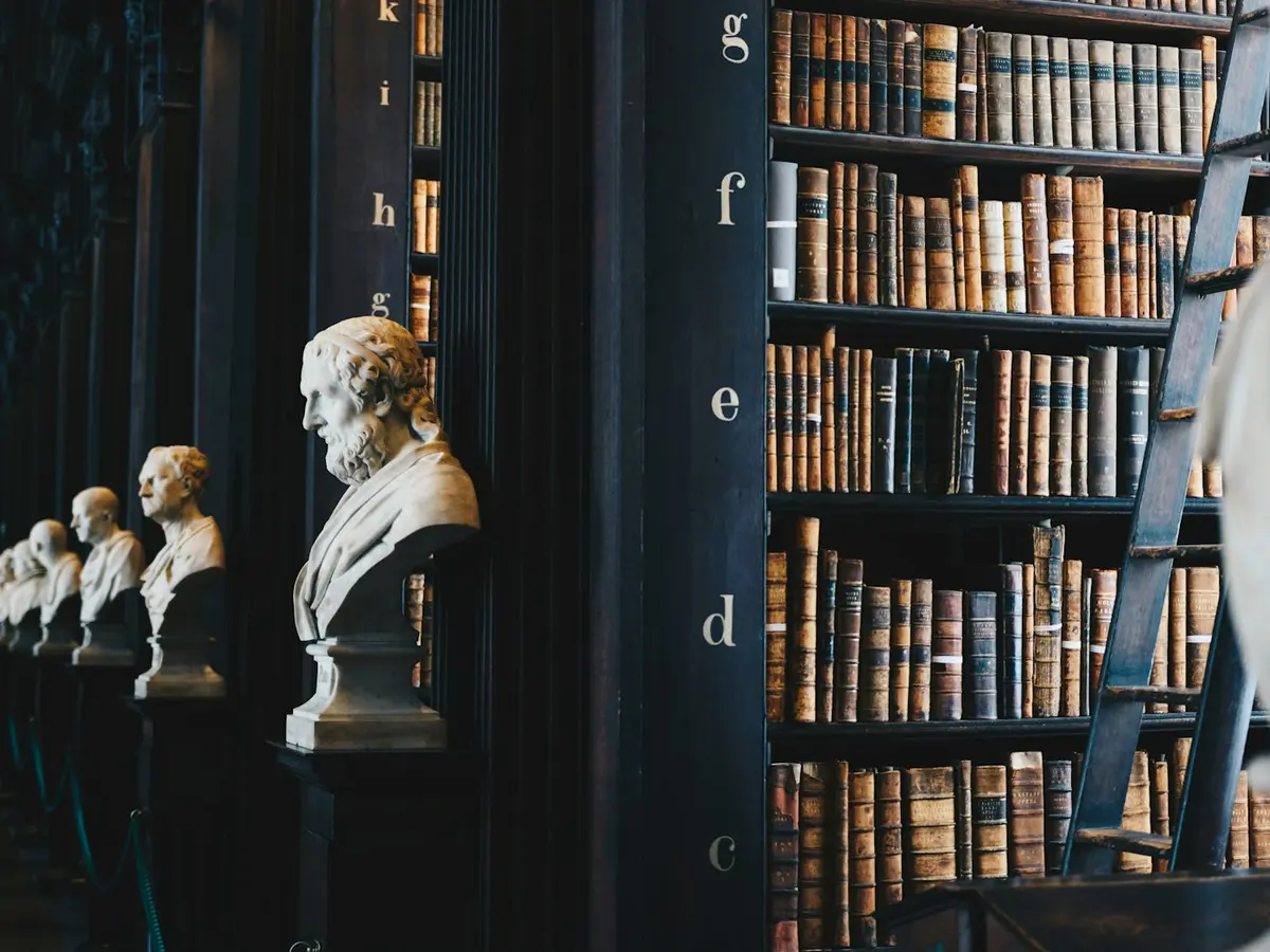 Shelves of bound law reports in a library reading room.